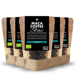 6-pack of MACA COFFEE BITES, a snack bar made with organic coffee and maca root. Features a natural, earthy color palette and simple packaging design.