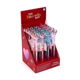 Red heart-shaped rainbow ink pen with glitter top, colorful writing instrument for gifts and stationery.
