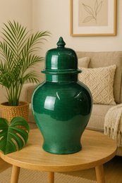Turquoise ceramic vase with a domed lid, measuring 40 cm in height. Suitable for decorative purposes in the home.