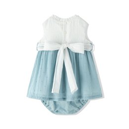  Baby dress in white and light blue with frog design, suitable for ages 6-24 months.