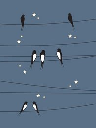 "Poster featuring swallows on a wire against a blue sky with stars. Minimalist design with silhouettes of birds on wires."

The product is a paper poster featuring a minimalist design with silhouettes of swallows perched on wires against a blue sky with stars. The key details that can be extracted from the image are:

Colors: Blue, white (stars)
Style: Minimalist, silhouette
Shapes: Swallows, wires, stars
Subjects: Swallows, sky

This description would be suitable for a semantic search, as it captures the key visual elements of the product that a customer might search for, such as "swallows", "blue sky", and "minimalist design".