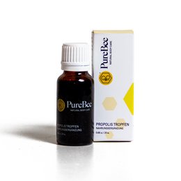 Propolis drops, a superfood supplement made from natural ingredients. The product is packaged in a glass bottle with a dropper for easy application.