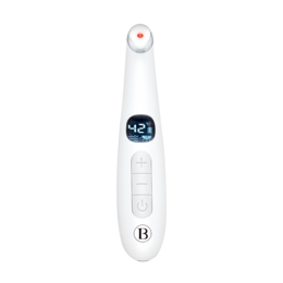 A white, handheld sonic skin care tool with a digital display and various settings. The tool is designed for skin care and facial cleansing.