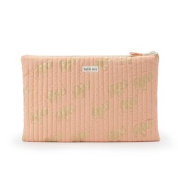 Peach-colored laptop sleeve with elephant pattern, suitable for weekend bags.