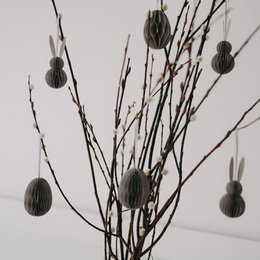  Gray paper Easter egg and bunny hanging ornaments, striped design, spring decoration set of six pieces.