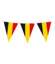 Colorful party bunting flags in the colors of the Belgian flag, featuring alternating black, yellow, and red triangular pennants.