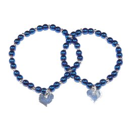 A set of two beaded bracelets featuring blue hematite beads and silver-plated charms in the shape of hearts. The bracelets are designed for a mother and daughter to wear together.