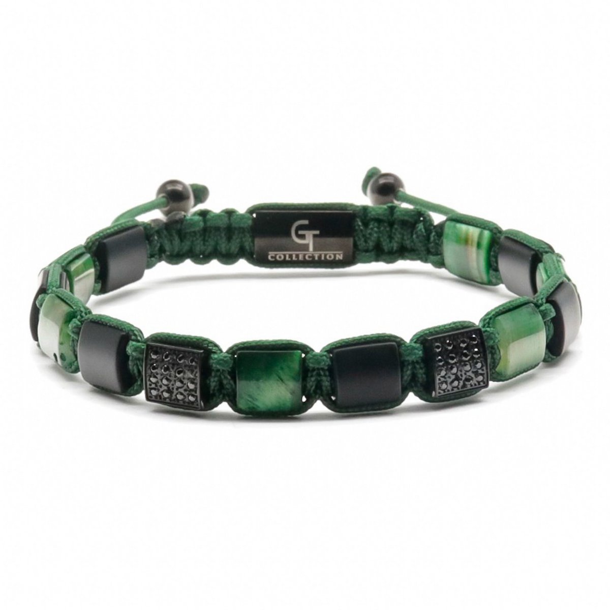 Green Tiger Eye voor heren, zwarte onyx platte kralenarmband