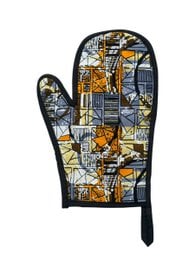 Double oven glove with a yellow and blue floral pattern.