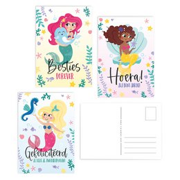 Colorful greeting cards featuring mermaid and fairy illustrations with text like "Besties for life", "Hooray!", and "Congratulations". The cards have a whimsical, playful style with floral and star accents.