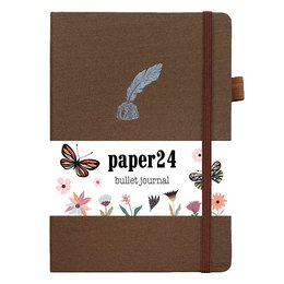 Brown notebook with a feather and butterfly design, featuring a dot grid pattern for bullet journaling.