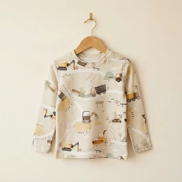 Beige Kids Long Sleeve Shirt with Excavator Print