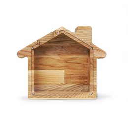 Small wooden piggy bank house with a house-shaped design and a transparent window to view the contents.