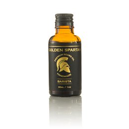 Premium beard oil in a black bottle with a gold Spartan helmet logo, designed for beard care.