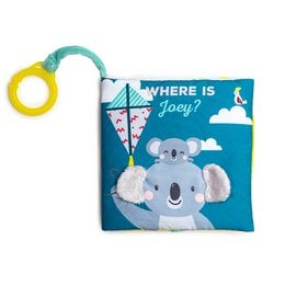 Soft, colorful children's book with koala character and text "Where is Joey?". Includes teething ring and crinkly pages for sensory exploration.