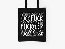 Black cotton tote bag with bold white text pattern. Sophisticated and stylish shopping bag.
