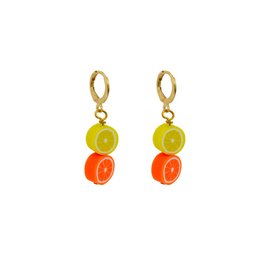  Lemon yellow and orange huggie earrings with a modern, vibrant design.