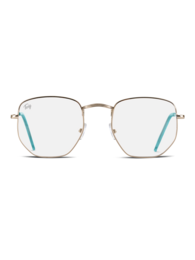  Blue light blocking glasses with a hexagonal frame in silver and teal colors. Designed to reduce eye strain from digital screens.