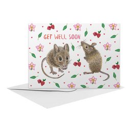 A hand-painted greeting card featuring two adorable mice surrounded by flowers and the message "Get well soon". The card is A6 size and part of the Friendship Cards category.