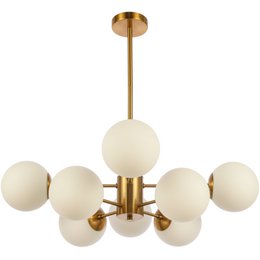 Hanging lamp with 8 white glass globe lights in a gold metal frame. Features a modern, minimalist design suitable for use in living rooms, dining rooms, or entryways.