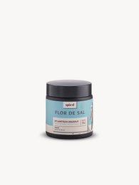  Glass jar with black lid, light blue label, flor de sal spice, minimalist design, kitchen storage container.