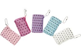  "Girls glitter wallet, small pouch, polka dot pattern, pink purple blue white, coin purse with keychain"