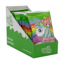 Strawberry-flavored gummy snacks in a unicorn-themed package. Colorful, rainbow-inspired design with a whimsical unicorn character.