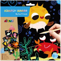 Scratch Art - Ocean is a creative arts and crafts kit featuring colorful ocean-themed designs. Scratch off the black coating to reveal vibrant underwater scenes including a fish, crab, coral, and more.