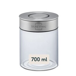  A glass storage jar containing a mix of nuts and dried fruits. The jar has a silver metal lid and appears to be a high-quality, airtight storage container.

The image shows a glass storage jar filled with a variety of nuts and dried fruits. The jar has a silver metal lid, which likely provides an airtight seal to keep the contents fresh. The shape of the jar is cylindrical, with a wide opening for easy access to the contents. The overall design of the jar suggests it is a high-quality, durable storage solution for storing and preserving dry goods.