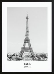 Eiffel Tower poster in various sizes, featuring the iconic landmark in Paris. The black and white image captures the tower's intricate structure and surrounding cityscape.