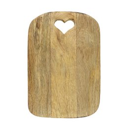 Rectangular mango wood cutting board with heart-shaped cutout, 30cm in size, suitable for food preparation.