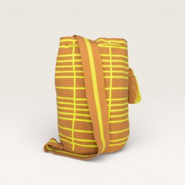  Striped backpack in pistachio color with adjustable straps and a tassel detail.