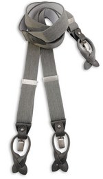 Grey suspenders with a denim urban style, featuring adjustable straps and metal clips for a secure fit.