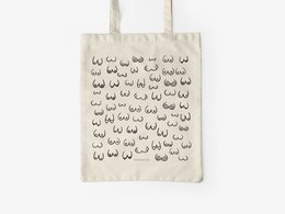 A natural cotton tote bag featuring a repeating pattern of black bosom friend icons or silhouettes. The bag has a simple, minimalist design that would be suitable for everyday use or as an eco-friendly shopping bag.