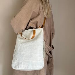 Vintage-inspired beige canvas shoulder bag with leather handles and a simple, minimalist design.