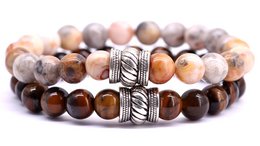 Beaded bracelet set with Bali agate and brown tiger eye stones, featuring a metal accent bead.