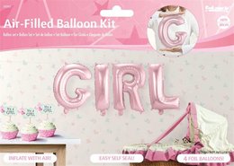 "Air-filled balloon kit in pink color, featuring the word 'GIRL' and other decorative elements suitable for a baby shower or girl's birthday party."