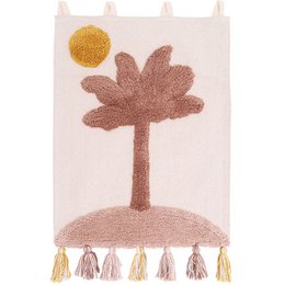 A wall decor featuring a brown palm tree silhouette against a white background, with a yellow sun and tasseled accents. The product is suitable for a kids' room or nursery.