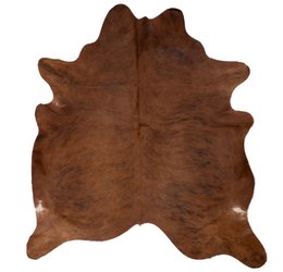 Large brown and white cowhide area rug, approximately 210 x 180 cm in size.