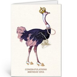  A birthday card featuring a stylized illustration of an ostrich wearing a crown and holding a scepter, with the text "Congratulations Birthday Diva".
