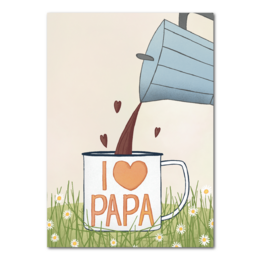 A greeting card with a heart-shaped tree stump and the text "Ik hail van je PAPA" (I love you dad) in Dutch. The card features a simple, nature-inspired design with flowers in the background.