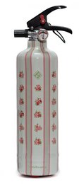 A white fire extinguisher with a red floral pattern design. The extinguisher has a black nozzle and handle.