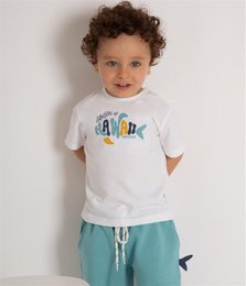  White short sleeve kids top with colorful "Hawaii" text print, casual style toddler shirt.