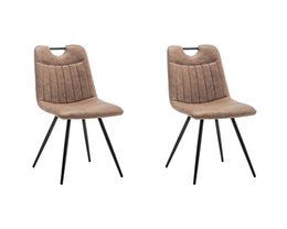 Set of 2 taupe microfibre dining chairs with a modern, minimalist design featuring a padded seat and backrest on black metal legs.