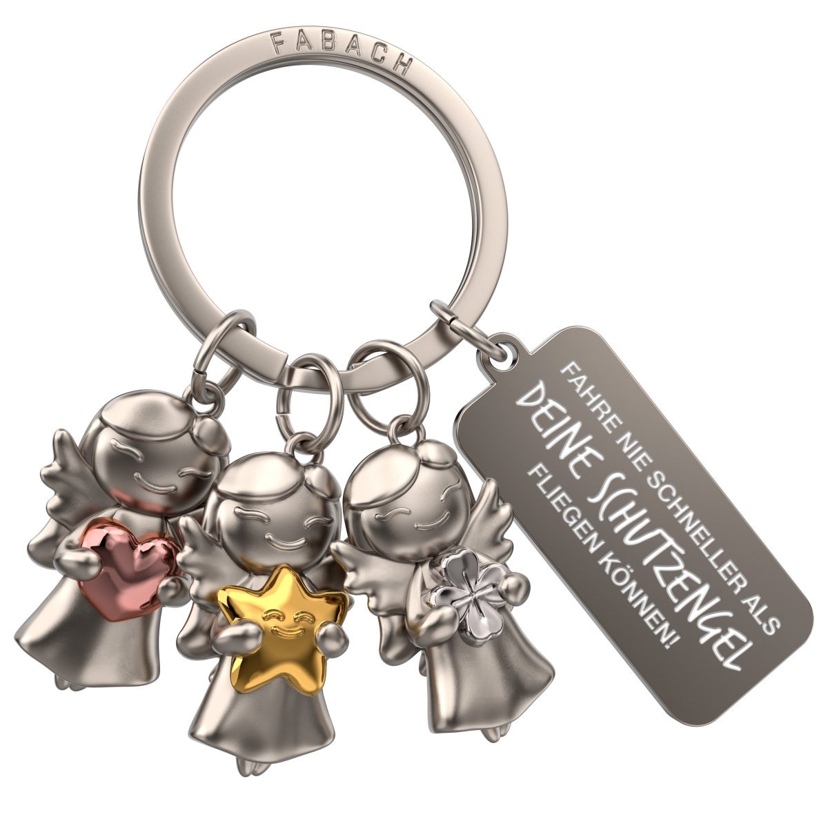 FABACH Portachiavi Angelo Custode Happy Trio Con Incisione – Regalo Angelo Portafortuna Motivazione – Don't Worry Be Happy, Argento Antico, Taille Unique, Classico - 5