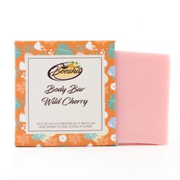 A pink, bar-shaped body soap with a wild cherry scent.