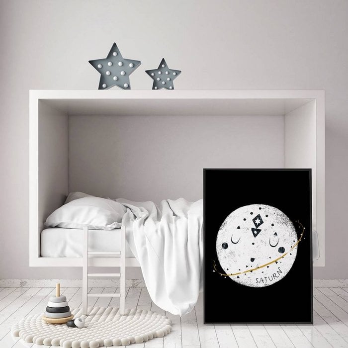 Kinderkamer poster Saturnus - Planeten serie - Zwart wit geel