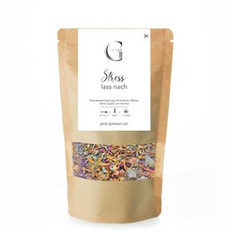 A blend of relaxing herbal tea leaves, including chamomile, lemongrass, and rose petals, packaged in a 15g, 35g, or 100g bag. The tea is designed to help relieve stress and promote calmness.