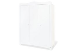 Large white wardrobe with multiple shelves and hanging space, suitable for storing children's clothing and accessories.