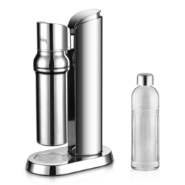 Matte black carbonator with sleek, modern design for making carbonated drinks at home.